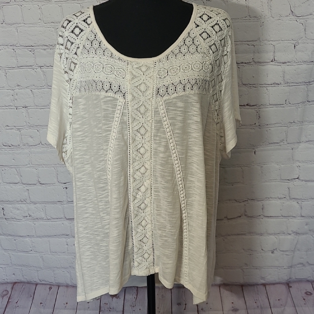 Cream Lightweight Short Sleeve 26/28W Crochet Trim Blouse Top Cato